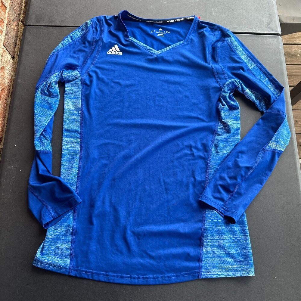 Adidas Volleyball Shirt Womens Large Blue Long Sleeve Sports Athletic V-Neck